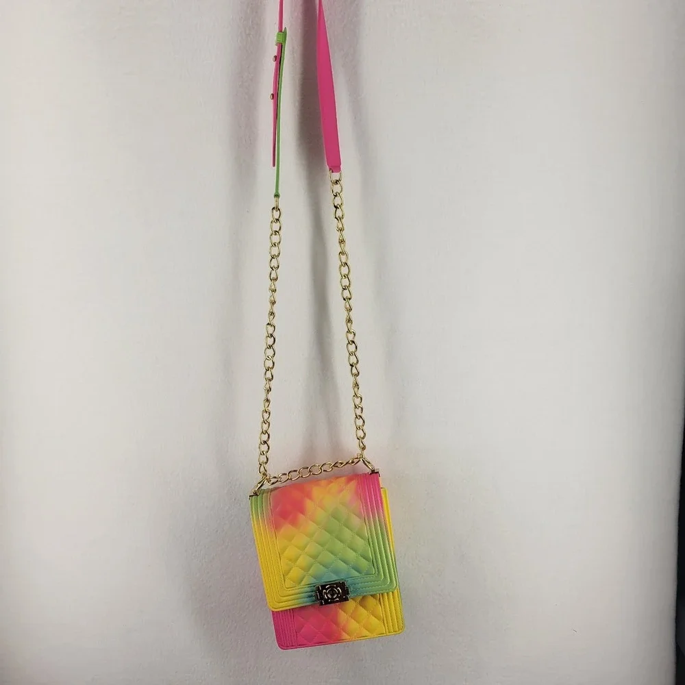 Epicstep Quilted‎ Rainbow Jelly Crossbody Bag Gold Chain Strap Ombre Tie Dye Y2K